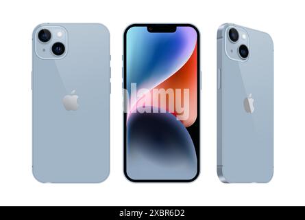 Kiev, Ukraine - September 28, 2022: Set of Smart phone Apple iPhone 14 in different sides, in official blue color, on white background. Realistic vect Stock Vector