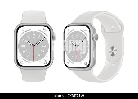Apple Watch Series 8, in front side and sideways, in official silver color, on a white background, vector illustration. Your essential companion is ev Stock Vector