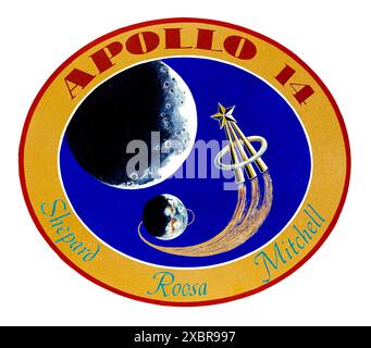 Apollo 14 lunar landing mission 1970 insignia showing an astronaut corps lapel pin approaching the moon and was designed by the crew: Alan Shepard, Stuart Roosa and Edgar Mitchell. Stock Photo