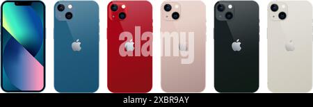 Set of Smart phone Apple iPhone 13 in front and back sides, in official colors, on a transparent background. Realistic vector illustration Stock Vector