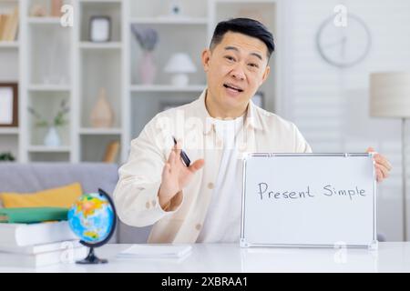 Smiling teacher conducting an online class, explaining the present simple tense on a whiteboard, emphasizing grammar education. Stock Photo