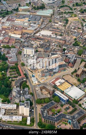 Aerial view of peterborough city centre at night showing the queensgate ...