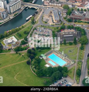 an aerial view of the outdoor Lido swimming pool at the City of Peterborough, Cambridgeshire, eastern England, UK Stock Photo