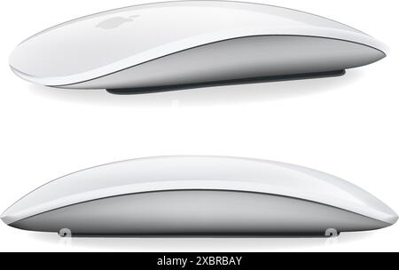 White Apple Magic Mouse - Black Multi-Touch Surface, on a white background, vector illustration. The Magic Mouse is a multi-touch wireless mouse sold Stock Vector