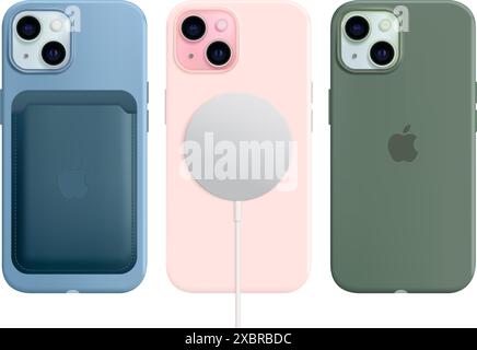 Set of Apple iPhone 15 mobile phones with USB-C charging, on a white background, vector illustration. The iPhone 15 and iPhone 15 Plus are smartphones Stock Vector