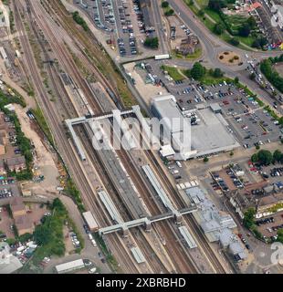 an aerial view of the East Coast Main Line and the station at the City of Peterborough, Cambridgeshire, eastern England, UK Stock Photo