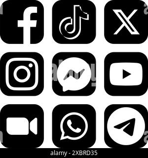 Set of black popular Social Media and Mobile Apps icons: Facebook, TikTok, Twitter - X, Instagram and others, on a transparent background, vector illu Stock Vector