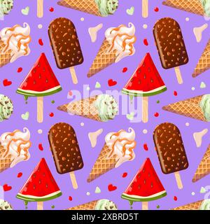 Ice cream seamless pattern. Vanilla, chocolate, mint or pistachio gelato in a waffle cone with caramel or fruit topping. Popsicle with chocolate glaze Stock Vector