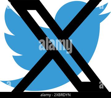 Concept of changing the Twitter logo to X, on a transparent background, vector illustration. Twitter changes logo to X, replacing blue bird symbol Stock Vector