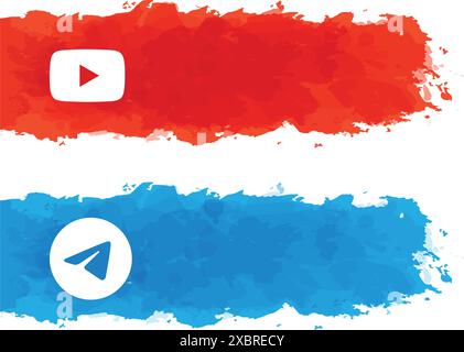 Set of watercolor stickers with popular Mobile Apps logos: YouTube and Telegram, on a transparent background, vector illustration Stock Vector