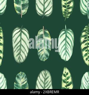 Tropical leaves seamless pattern, watercolor jungle vibrant green plants leaf Summer exotic foliage. Hand drawn illustration for wallpaper, textiles Stock Photo