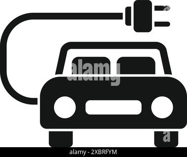 Black icon of an electric car being charged, representing sustainable transportation Stock Vector
