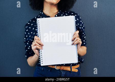 Woman, presentation and hands with notebook for sign, message or blank page on a studio background. Closeup of creative female person with book for Stock Photo
