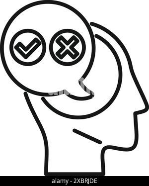 Human head thinking with check and cross marks inside speech bubble icon, thinking process concept Stock Vector