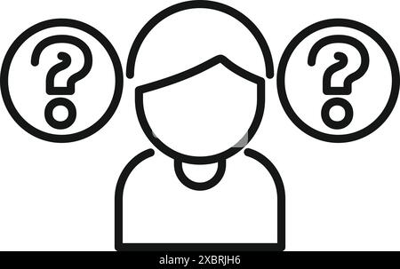 Young man is making a decision, contemplating two options represented by question marks, symbolizing a difficult choice Stock Vector