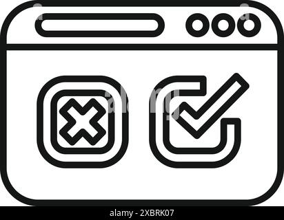 Simple line icon of a web page displaying a checkmark and a cross mark, symbolizing confirmation or rejection Stock Vector