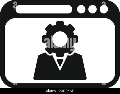 Black and white icon of a businessman inside a web browser window, with a gear in his head, representing work and thinking Stock Vector