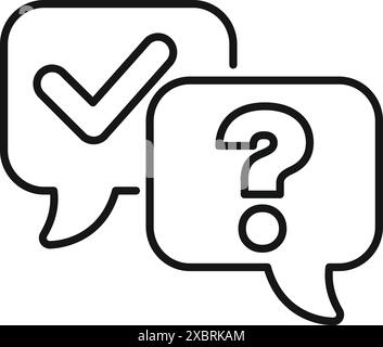Simple and clear line art icon of two overlapping speech bubbles, one containing a question mark and the other a check mark Stock Vector