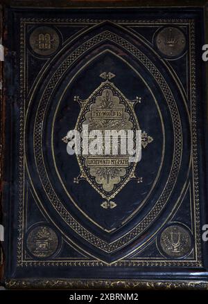 Front Cover of an Antique 19th Century Leather-Bound Family Bible Stock Photo