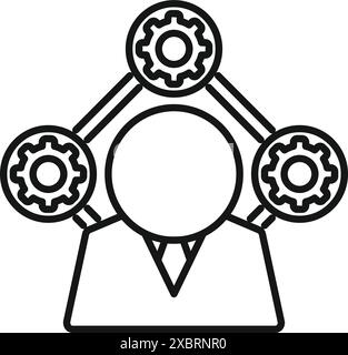 Line drawing of a businessman managing a work flow symbolized by three gears connected with lines Stock Vector