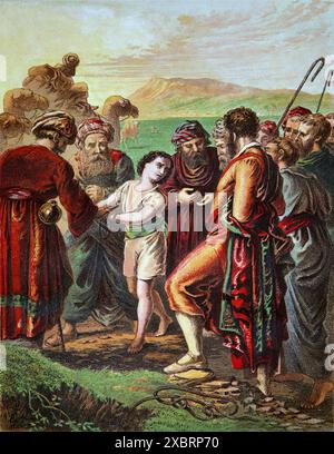 Illustration Joseph being Sold By his Brethren to the Ishmeelites (Genesis) Old Testament from Antique 19th Century The Practical and Devotional Famil Stock Photo