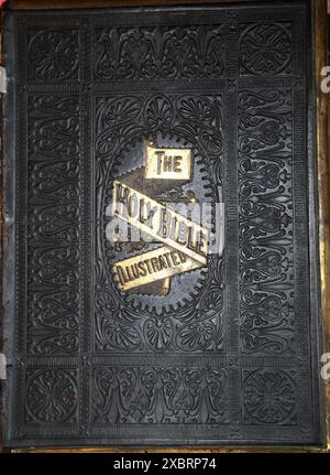 Leather-bound Front Cover of an Antique 19th Century Holy Bible Stock Photo