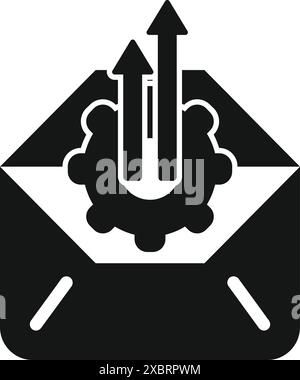 Black and white icon of an envelope with a gear and three upward trending arrows, symbolizing email marketing growth Stock Vector