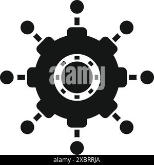 Black and white icon of a digital network connecting points around a central gear Stock Vector