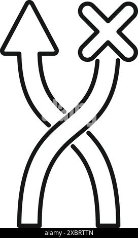 Minimalist line art icon of two crossed arrows, one with a checkmark and the other pointing up, representing a choice between opposite directions Stock Vector