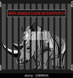 Protest to stop animal abuse, against zoo and cruelty to wild animals. Antizoo concept vector illustration. Animal in the cage as a prisoner, Freedom Stock Vector