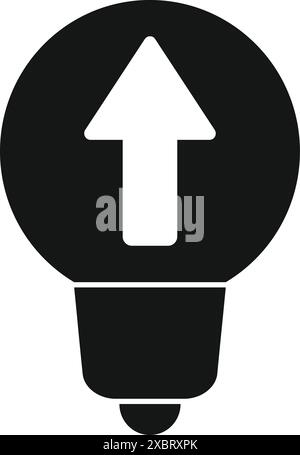 Black and white icon of a light bulb with an arrow in the center pointing up, representing an idea Stock Vector