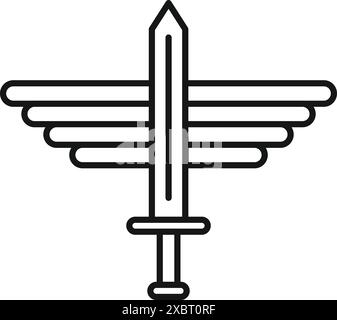 Simple line art logo combining a sword with bird feathers, symbolizing strength, freedom and power Stock Vector