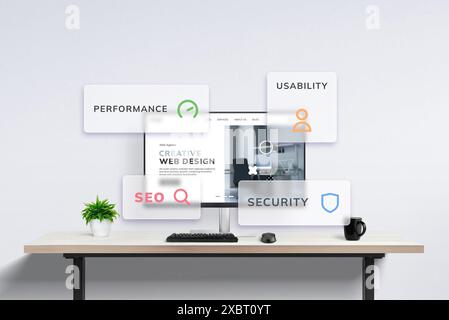 Modern office desk with computer displaying web design agency concept: floating windows highlight web page performance, usability, SEO, and security. Stock Photo