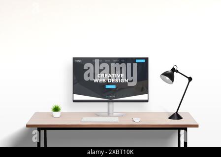 Web design studio portfolio page concept displayed on modern computer in office work desk setting. Showcase of creative digital projects and professio Stock Photo