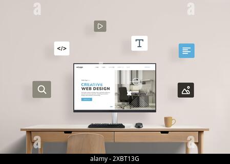 Work desk with computer display featuring web design studio presentation page, surrounded by flying web design icons. Visual representation of a creat Stock Photo