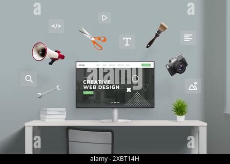 Web design studio with flying tools and web page icons around computer display featuring concept agency page. Creative illustration of digital workspa Stock Photo