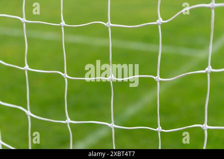 Close-up shot of a goal net with green grass and field lines in the background Stock Photo