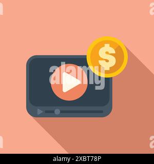 Video player displaying a play button with a dollar coin over it, in a concept image about monetization of video streaming Stock Vector