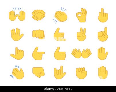 Emoji vector cartoon hands gesture design chat social media icons. Emoticon isolated yellow hand symbol set. Stock Vector