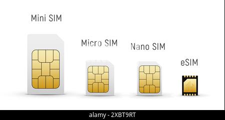 Sim card isolated set. Mini mobile sim chip standard 3d icon. Stock Vector