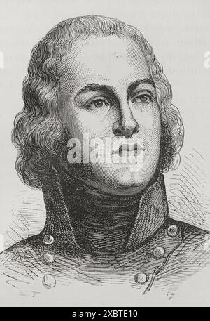 Lazare Hoche (Louis Lazare Hoche) (1768-1797). French General of the First French Republic. He took part in the French Revolutionary Wars. Portrait. Engraving. 'History of the French Revolution'. Volume I, 1876. Stock Photo