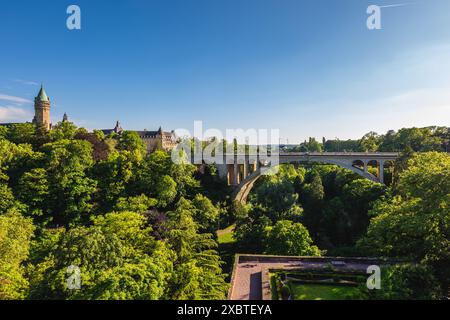 Scenery of Adolphe Bridge and the clock tower in Luxembourg city, Luxembourg Stock Photo