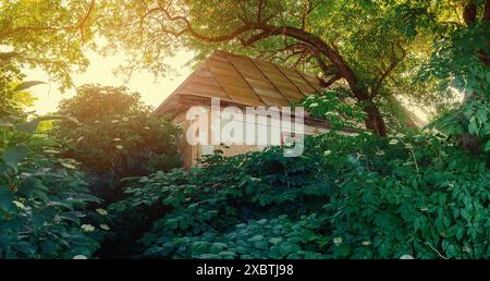 Abandoned old mud house with wooden windows in the weeds under tall green tree, lit by the sun Stock Photo