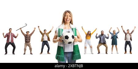 Group of happy young and older people cheering and a young woman holding a football isolated on white background Stock Photo