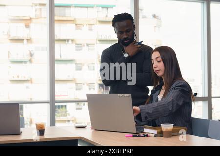 An Adult Man with dreadlocks is standing watching what a Woman is pointing at on the laptop inside the office, the woman is sitting and together they Stock Photo