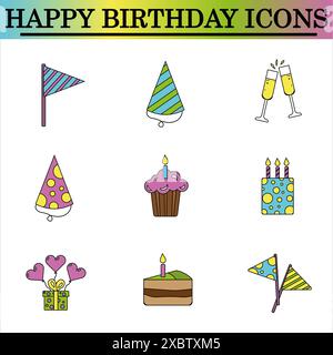 Set of birthday flat icons on the white background. Celebration icons. Isolated vector. Stock Photo