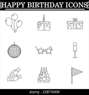 Set of birthday outline icons on the white background. Celebration icons. Isolated vector. Stock Photo