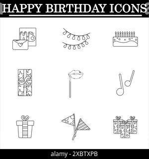 Set of birthday outline icons on the white background. Celebration icons. Isolated vector. Stock Photo