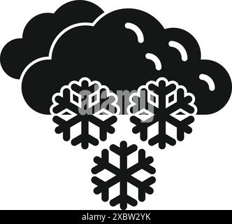 Simple icon representing a black cloud pouring down three large snowflakes symbolizing snowfall Stock Vector