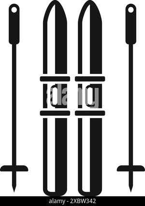 Black solid icon of a pair of mountain skis and poles standing upright, for winter sports design Stock Vector
